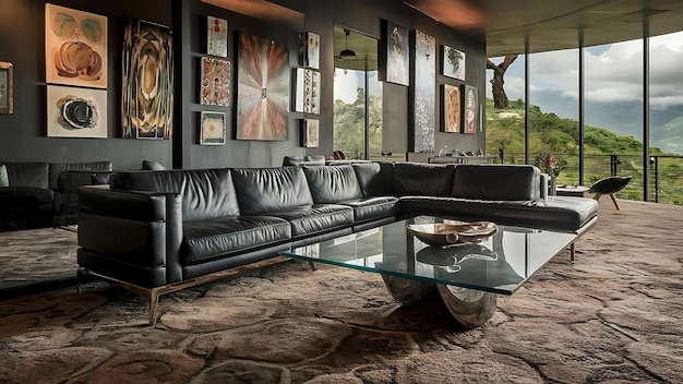 Luxury black interior living room with a sleek black leather sofa