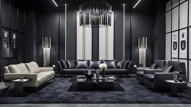 Luxury black interior living room with a sleek black leather sofa