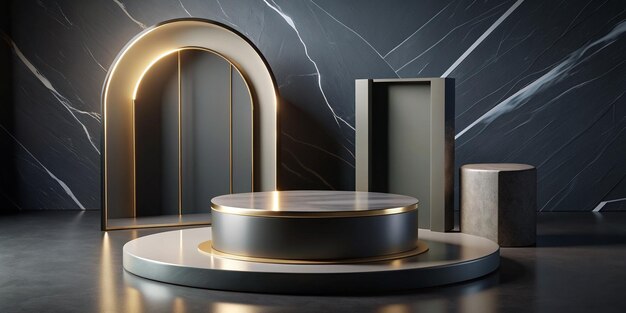 Photo luxury black marble product display with empty pedestal podium on advertising backdrops