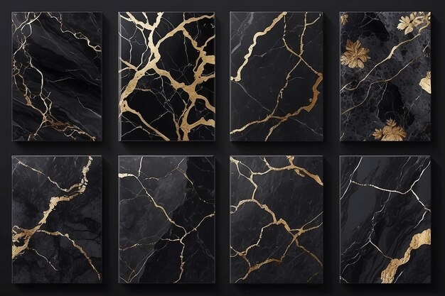 Photo luxury black marble texture set natural precious stone gem pattern dark background