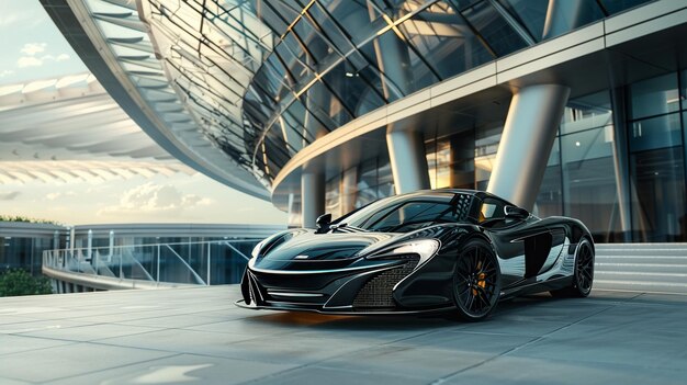 Luxury Black Sports Car in Front of Modern Architecture