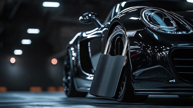 Luxury Black Sports Car with Oversized Padlock Symbol of Security