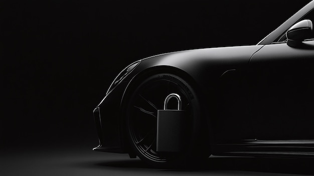 Luxury Black Sports Car with Oversized Padlock Symbol of Security