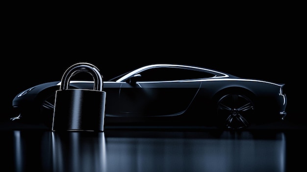 Luxury Black Sports Car with Oversized Padlock Symbol of Security