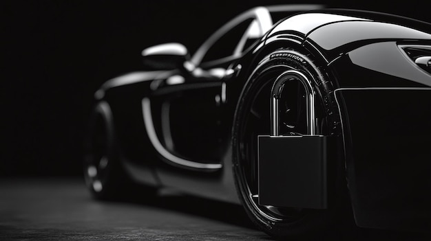 Luxury Black Sports Car with Oversized Padlock Symbol of Security