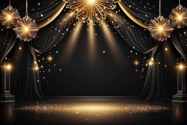 Luxury black stage background with gold light effects decorations and bokeh