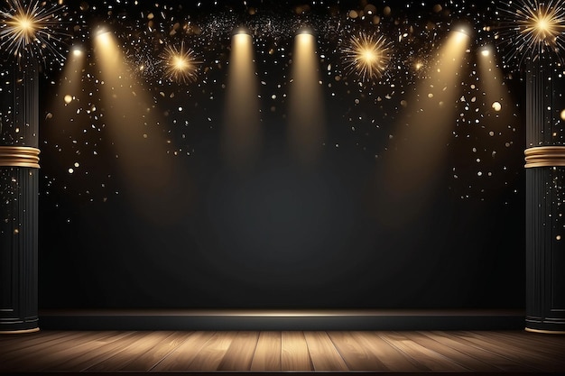 Luxury black stage background with gold light effects decorations and bokeh