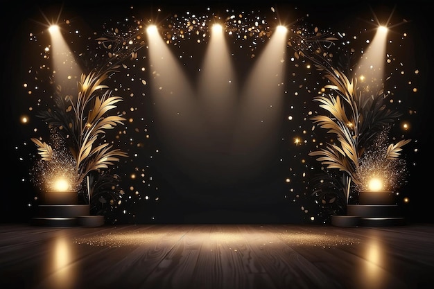 Luxury black stage background with gold light effects decorations and bokeh