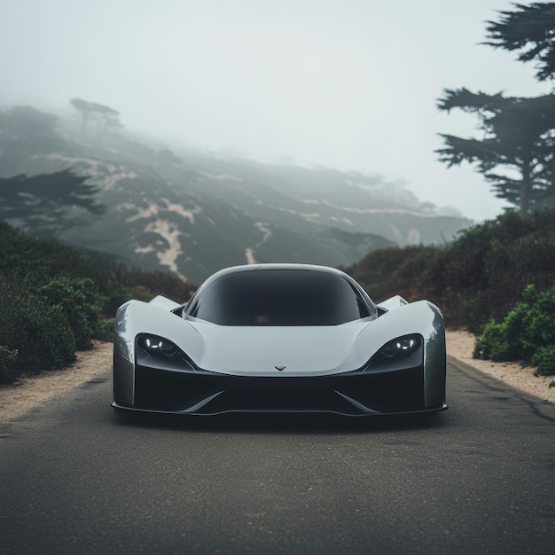 Photo luxury black and white sports car on the road in the fog