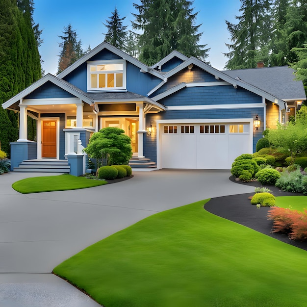 Luxury blue house with curb appeal Threecar garage and long wide asphalt driveway Northwest USA