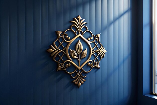 Photo luxury blue wall 3d golden logo mockup design