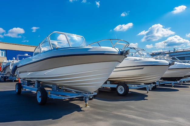 Photo luxury boats parked in a sunny lot at a boat sports store for sale or rental under a clear blue sky