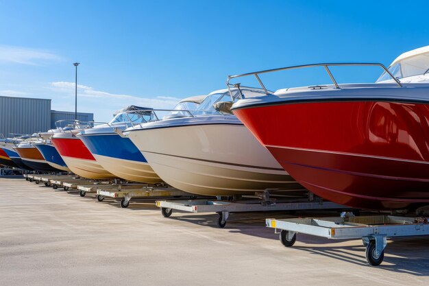 Photo luxury boats on trailers parked outside a boat sports store under a clear blue sky on a sunny day