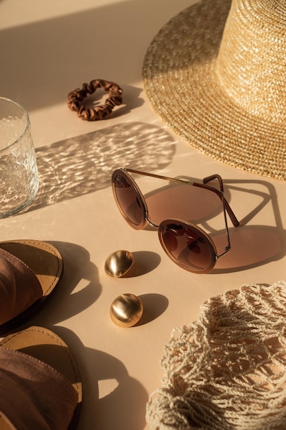 Luxury bohemian aesthetic fashion composition Crystal glass with sunlight shadows sunglasses slippers women's straw hat string bag gold earrings on neutral beige background