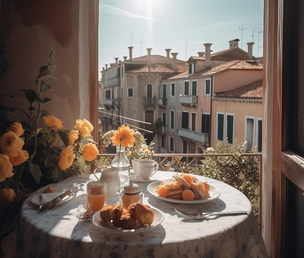 Luxury breakfast on balcony with a beautiful city landscape in the background Generative Ai