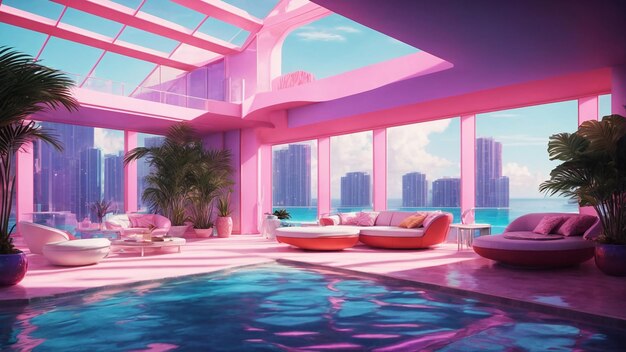 Luxury building with swimming pool in retro effects