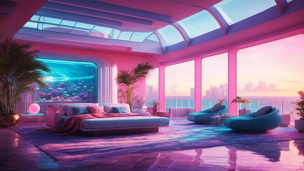 Luxury building with swimming pool in retro effects