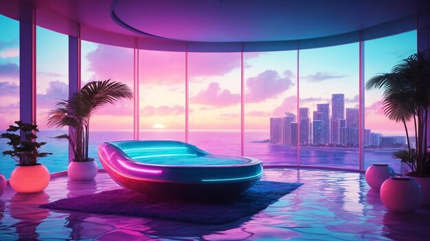 Luxury building with swimming pool in retro effects