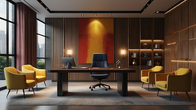 luxury business meeting and working room in executive office wooden walls wooden computer desk vertical mock up poster and lounge area with armchairs