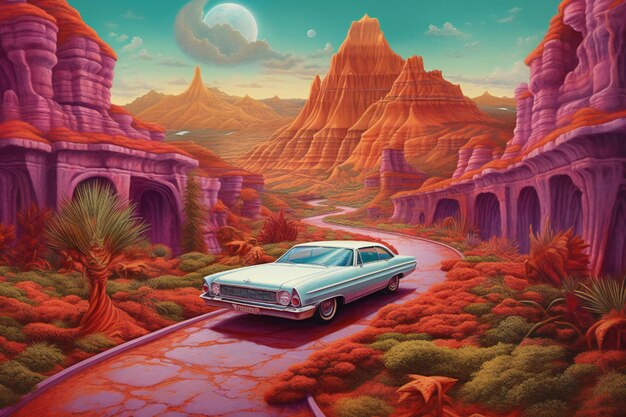 Photo luxury car is being driven down a path with glowing red mountains in the background