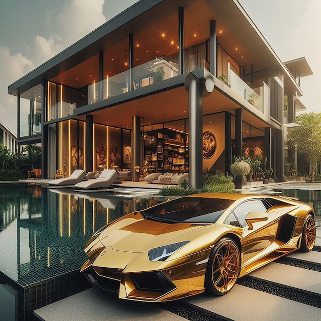 Photo a luxury car is standing outdoor the luxury house