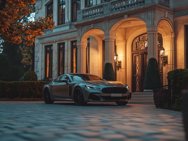 Photo luxury car parked in front of an elegant mansion