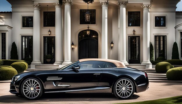 Photo a luxury car parked in front of a grand mansion