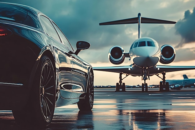 Photo luxury car waiting on airfield with private jet in background