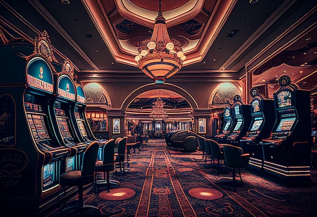 Luxury casino interior with lots of slot machines generative ai