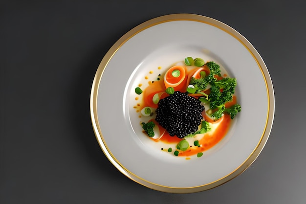 Luxury caviar food on white plate flat lay