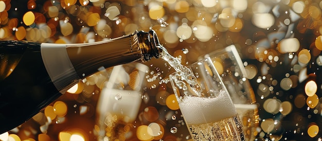 Photo luxury celebration exploding champagne bottle glass splashing bubbles festive birthday new year