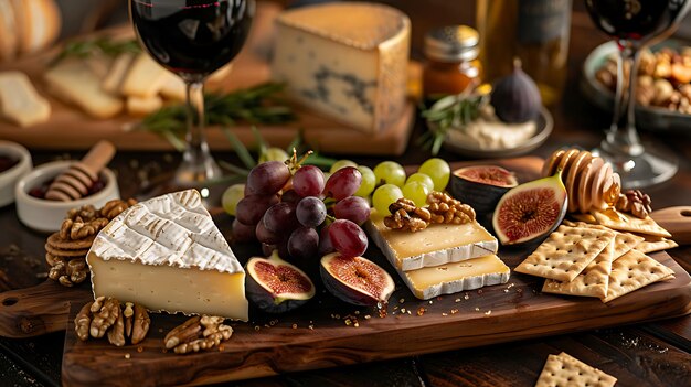 Photo luxury cheese selection with a variety of fruits nuts honeycomb gourmet crackers and red wine