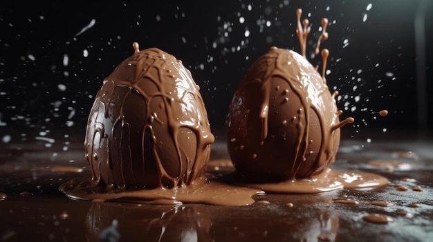 Luxury chocolate easter eggs making a splash in chocolate Generative ai