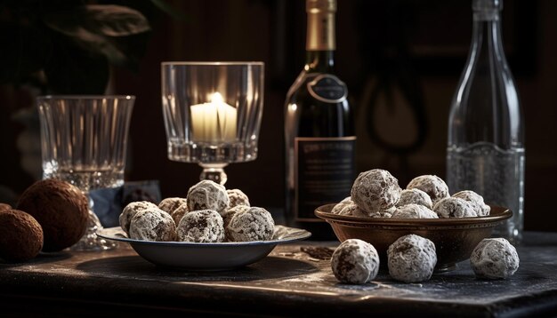 Luxury chocolate truffles adorn elegant rustic table generated by artificial intelligence