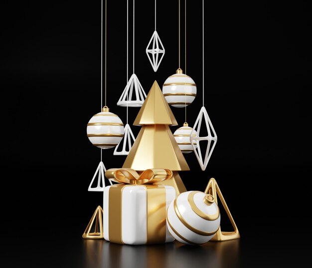 Photo luxury christmas 3d render banner or greeting card. modern minimal new year and christmas gold and black decoration with tree, candy, ball, gift box on black background