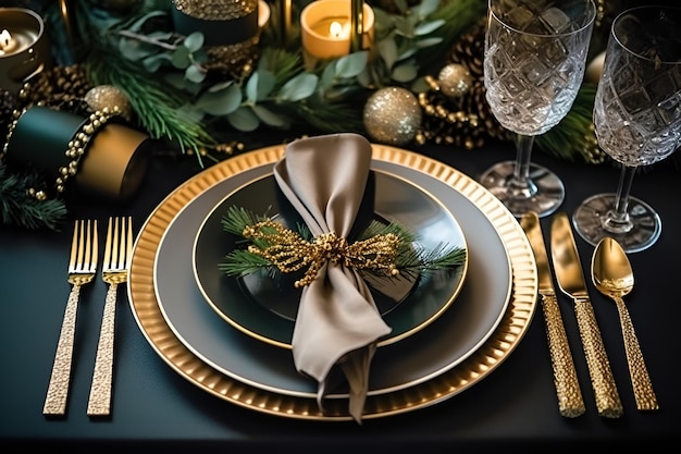 Luxury christmas table setting with festive new year decor Christmas and New Year background with plates champagne glasses cutlery candles and fir branches Generative AI