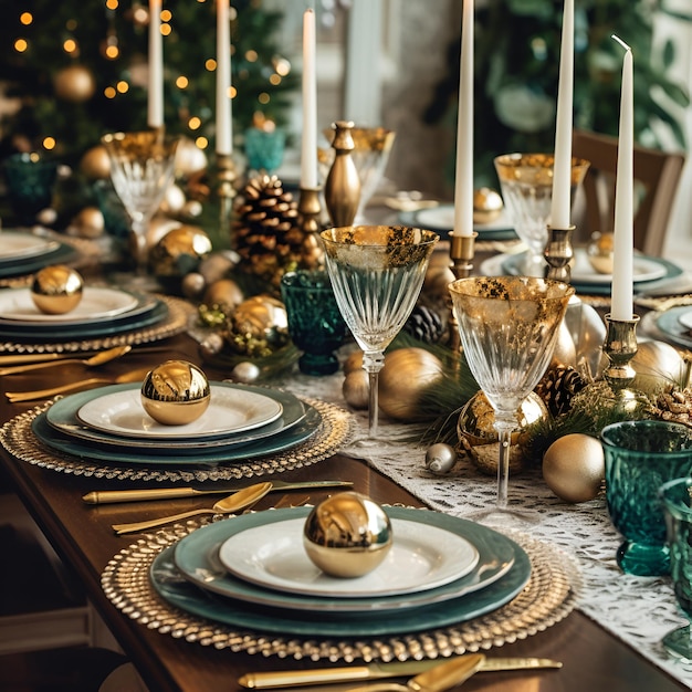 Luxury christmas table setting with new year toys and other festive decor Christmas and New Year background with plates champagne glasses cutlery candles and fir branches Generative AI