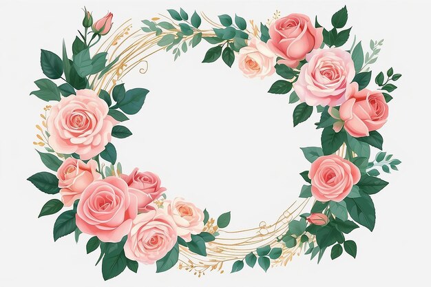 Luxury Circular Rectangle Line Shape Rose Flower Wreath Clipart