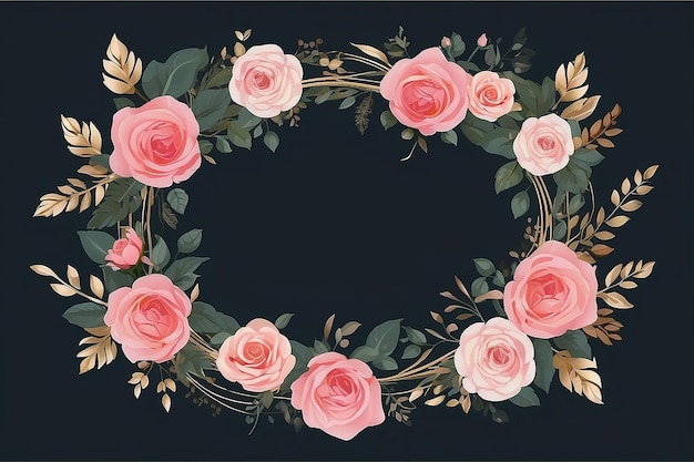 Luxury Circular Rectangle Line Shape Rose Flower Wreath Clipart