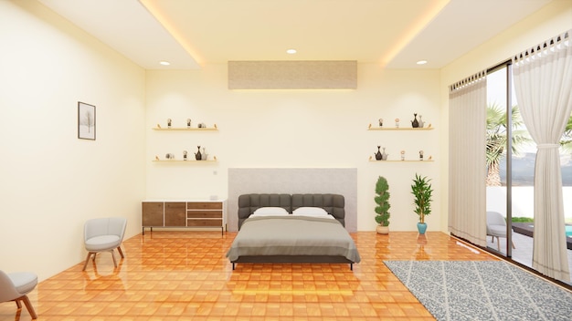 Luxury classic modern bedroom suite in hotel3d rendering