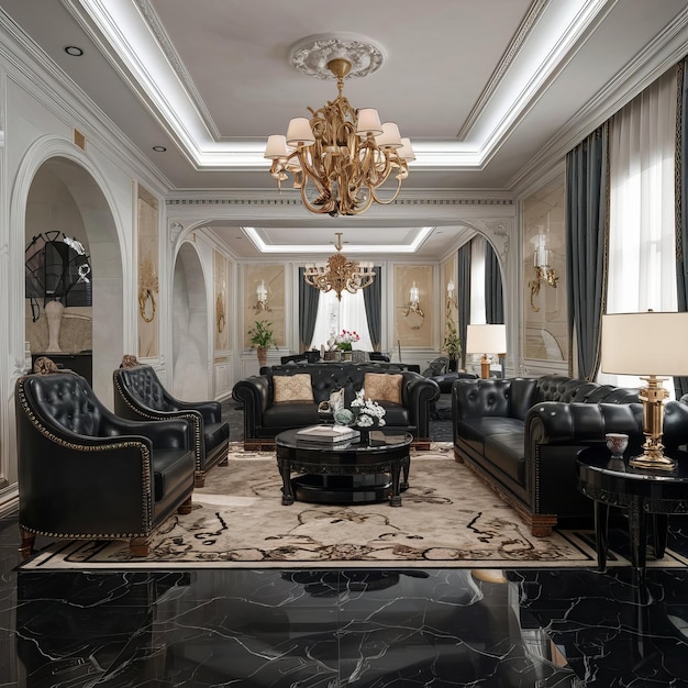 Luxury classical style superior black living room interior