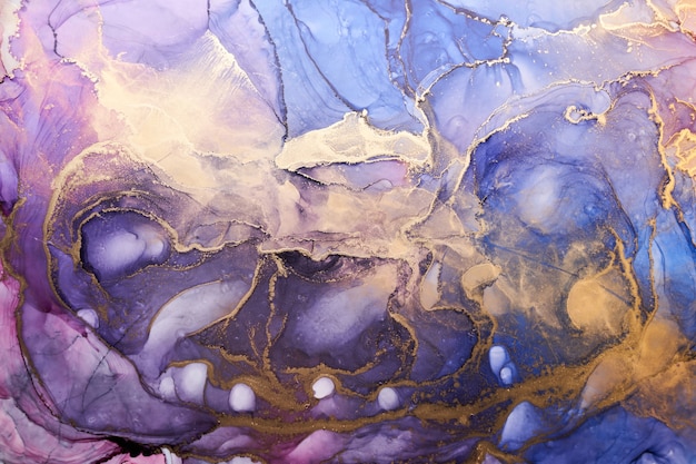 Luxury colorful abstract background in alcohol ink technique, golden liquid painting marble texture, scattered acrylic blobs and swirling stains, printed materials