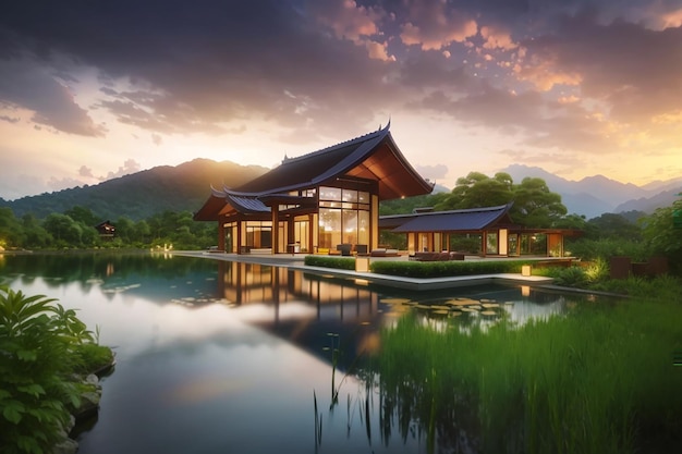 a luxury concept modern wooden building stone base pond mountain in back in Thailand surrounded by lush greenery under