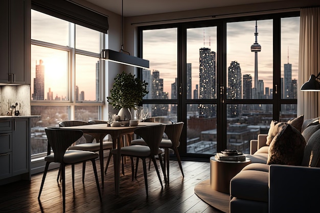 Luxury condo with aluminium windows and view of the city skyline created with generative ai