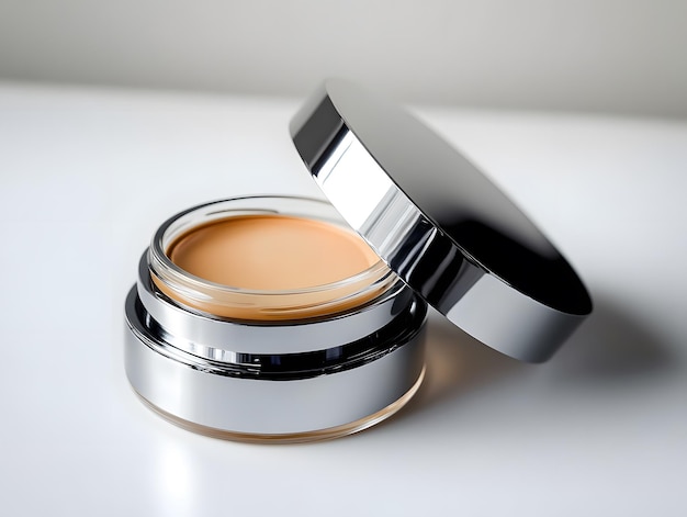 Photo luxury cosmetic cream in a sleek metallic container with a reflective finish on a minimalist surface