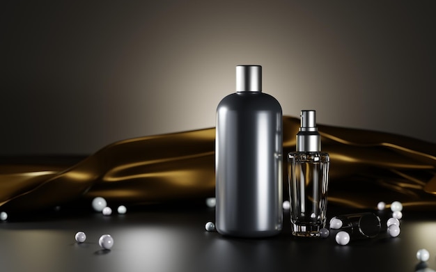 Luxury cosmetics for men on dark background with golden cloth and pearls Black bottle shampoo lotion and glass perfume oil spray or beard serum Empty package ad 3d illustration mock up banner