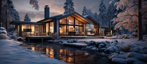 luxury cottage covered in deep snow in winter evening