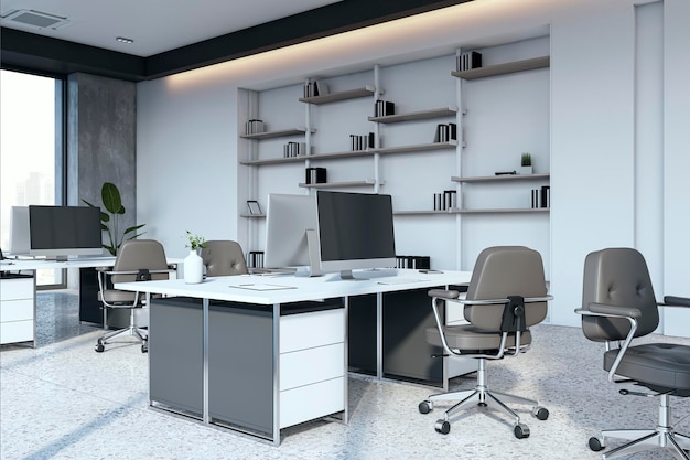 Luxury coworking office interior with furniture windows and equipment Workspace concept 3D Rendering