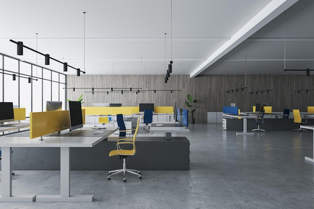 Luxury coworking office interior with partitions and windows with city view 3D Rendering