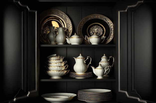 Luxury crockery inside black cupboard background created with generative ai